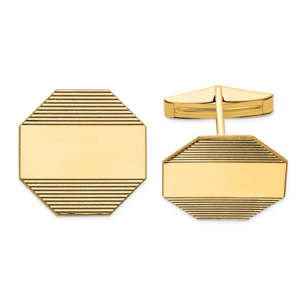 14k Real Gold Men's Octagonal With Line Design Cuff Links