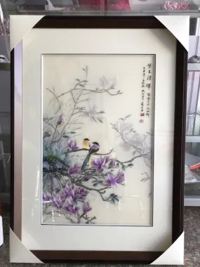 161218 Delicate Hand embroidered Su Embroidery Art:birds magnolia flower 60cm