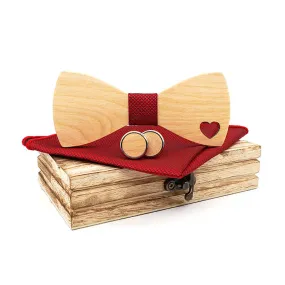 3Pcs Men's Hollow Heart Shape Wooden Bow Tie Set