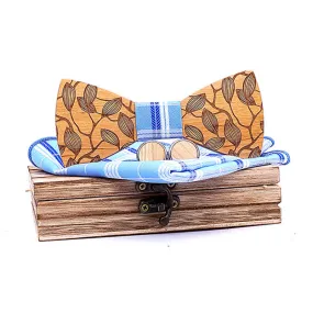 3Pcs Men's Leaf Patterned Wooden Bow Tie Set