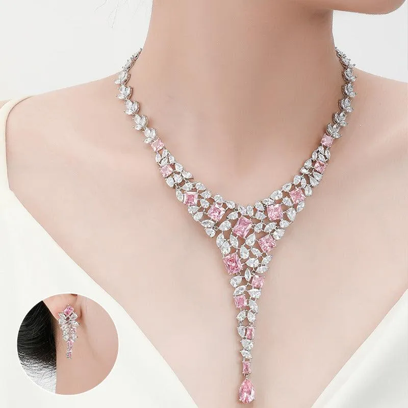 Bridal Necklace Ear Stud Color Zircon Necklace Suit Wedding Dress Wedding Earring Accessories