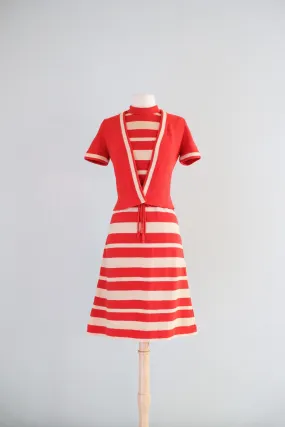 Charming 1960's Tomato Red Striped Knit Dress Set / M