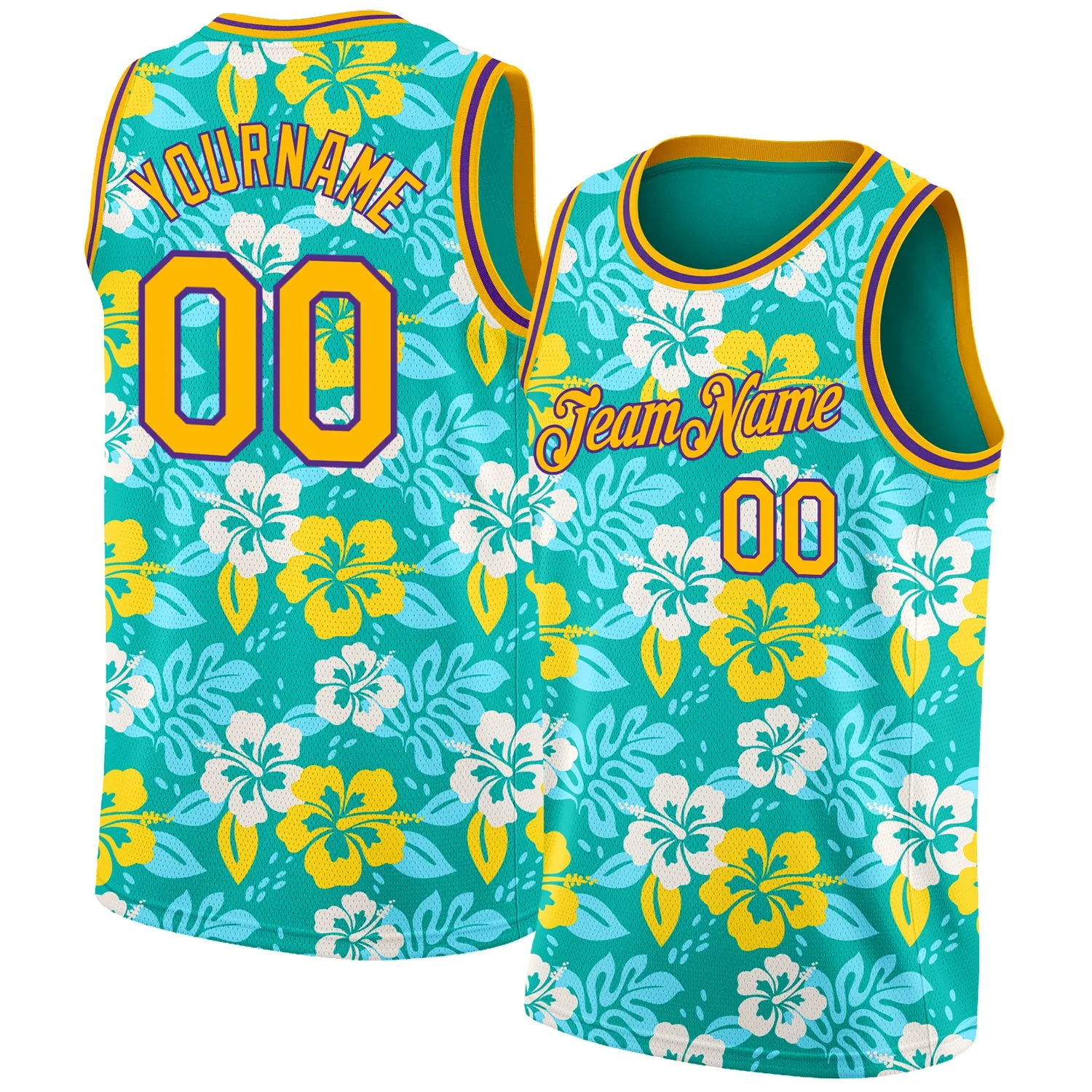 Custom Aqua Gold-Purple 3D Pattern Hawaii Flowers Authentic Basketball Jersey