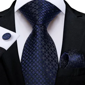 DiBanGu Dress Tie Deep Blue Plaid Men's Silk Tie Handkerchief Cufflinks Set