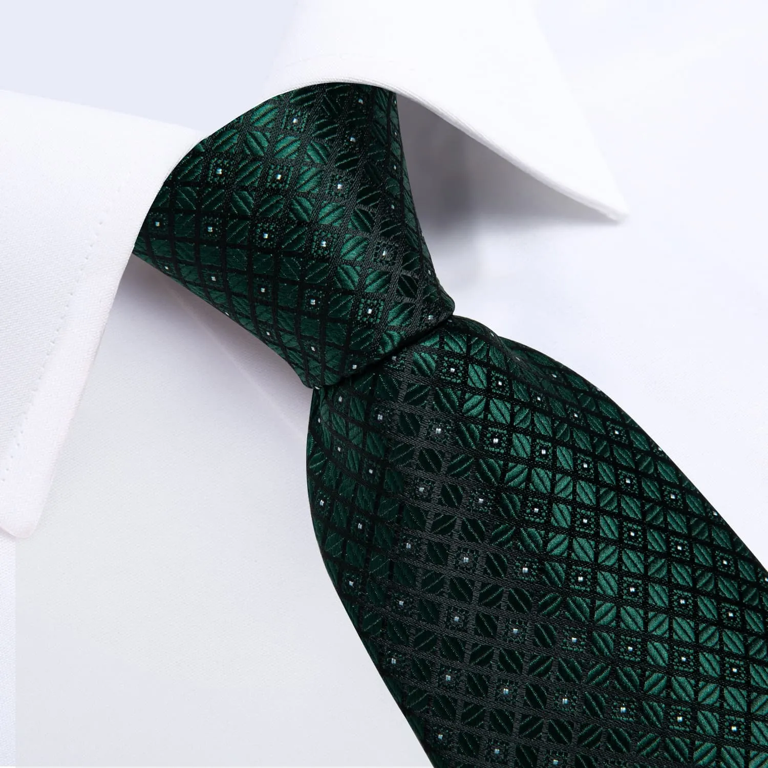 DiBanGu Dress Tie Forest Green Plaid Men's Silk Tie Handkerchief Cufflinks Set