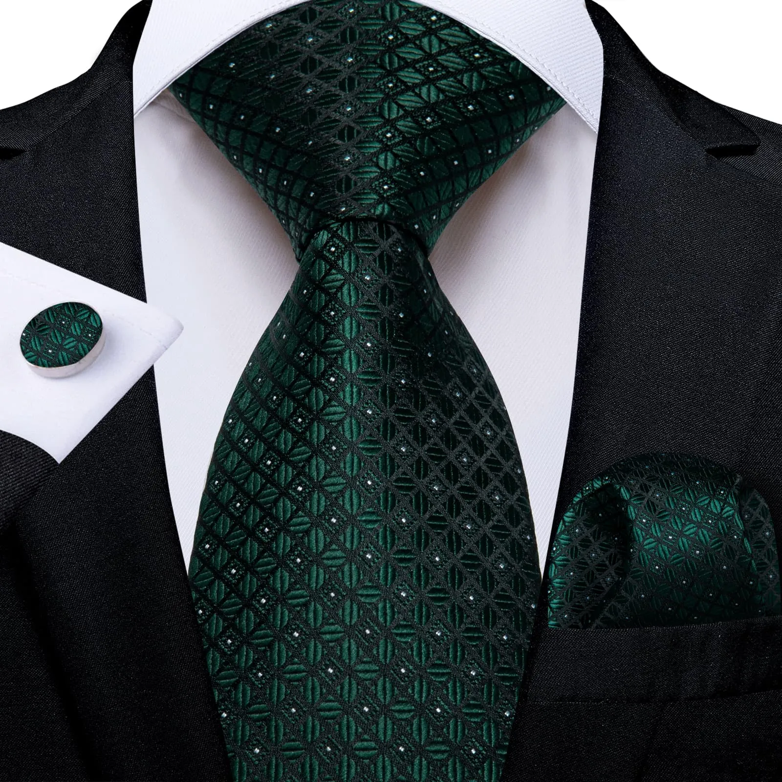 DiBanGu Dress Tie Forest Green Plaid Men's Silk Tie Handkerchief Cufflinks Set