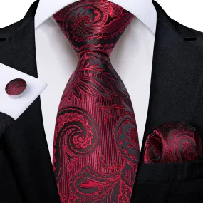 DiBanGu Dress Tie Red Paisley Men's Silk Tie Handkerchief Cufflinks Set