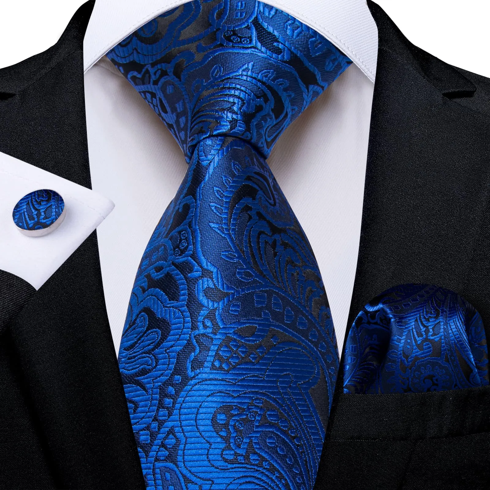 DiBanGu Dress Tie Sapphire Blue Floral Mens Silk Business Work Tie Handkerchief Cufflinks Set