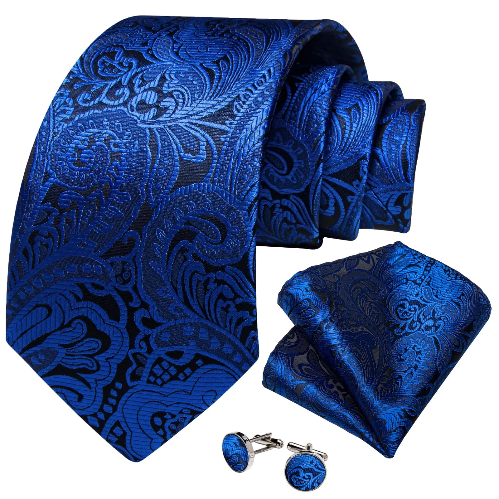 DiBanGu Dress Tie Sapphire Blue Floral Mens Silk Business Work Tie Handkerchief Cufflinks Set