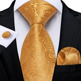 DiBanGu Gold Paisley Silk Mens Tie Pocket Square Cufflinks Set