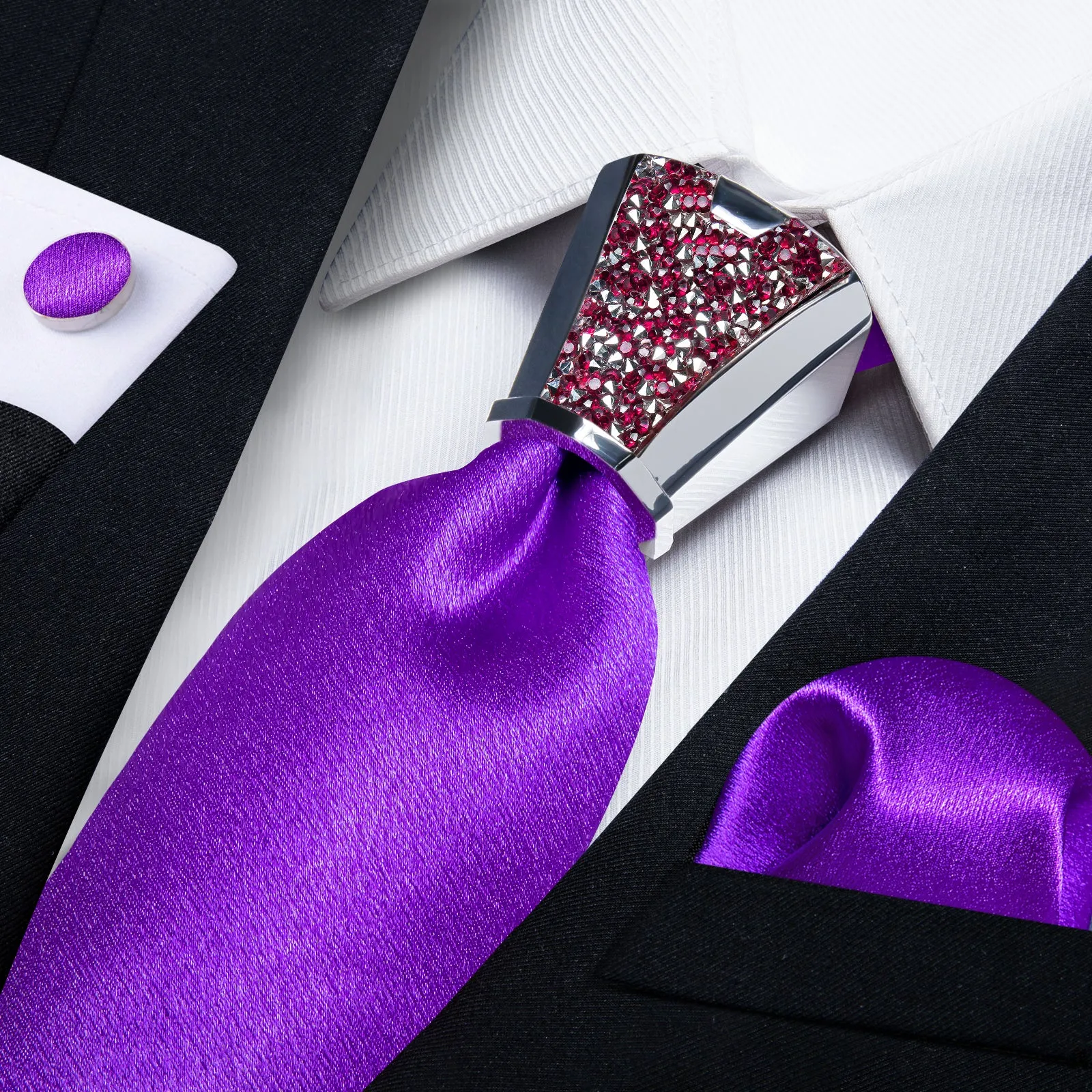 DiBanGu Mens Tie 4PC Set Violet Purple Solid Necktie Pocket Square Cufflinks Accessory