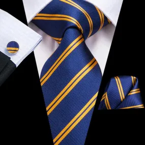 DiBanGu Men's Tie Blue Gold Striped Silk Tie Pocket Square Cufflinks Set