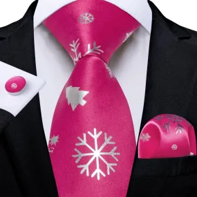 DiBanGu Pink White Christmas Snowflake Necktie Pocket Square Cufflinks Set