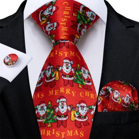 DiBanGu Red Santa Claus Christmas Necktie Pocket Square Cufflinks Set