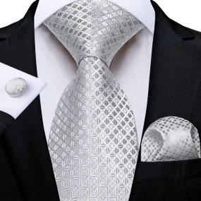 DiBanGu Silk Necktie Cloud Grey Plaid Mens Dress Tie Pocket Square Cufflinks Set