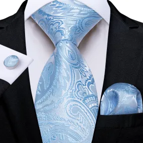 DiBanGu Silk Necktie Sky Blue Paisley Mens Dress Tie Pocket Square Cufflinks Set