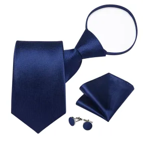 DiBanGu Silk Tie Navy Blue Plaid Easy-pull Lazy Mens Tie Pocket Square Cufflinks Set