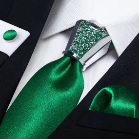 DiBanGu Wedding Tie 4PC Set Shining Solid Sea Green Necktie Pocket Square Cufflinks Accessory