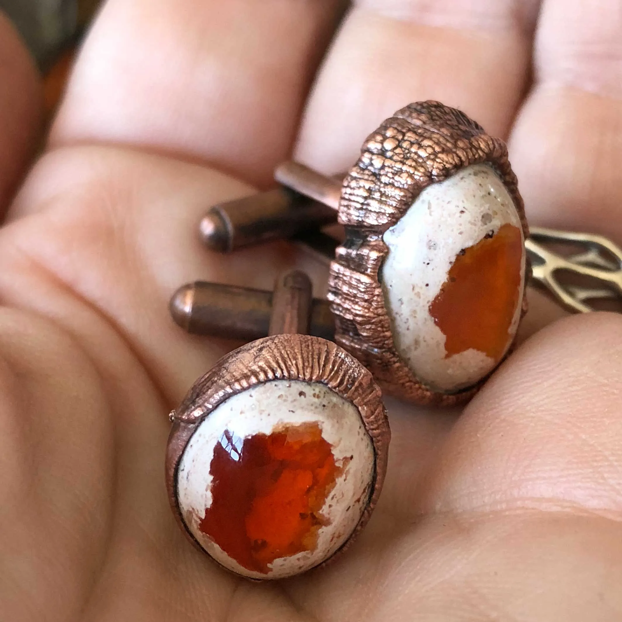 Fire Opal Cufflinks, electroformed gemstone cuff links