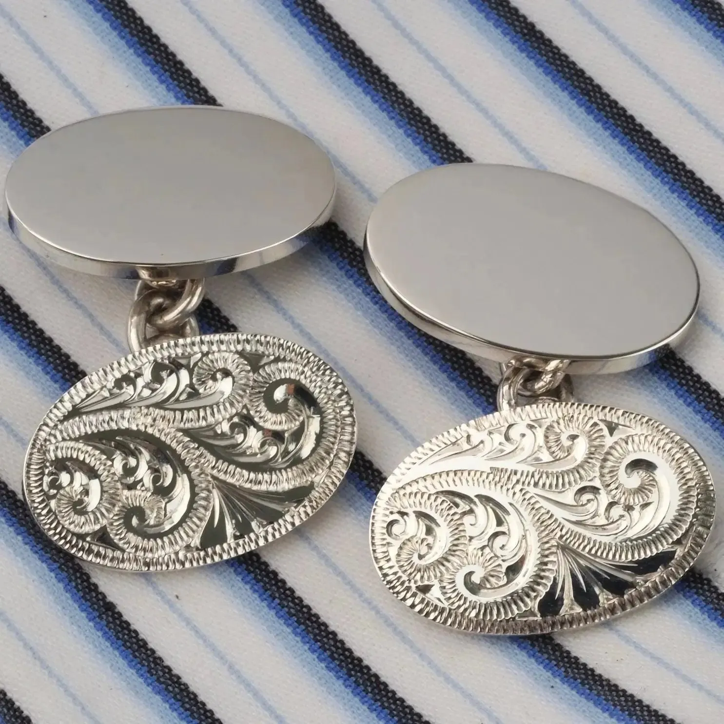 Hand Engraved Scroll Design Luxury Oval Silver Cufflinks