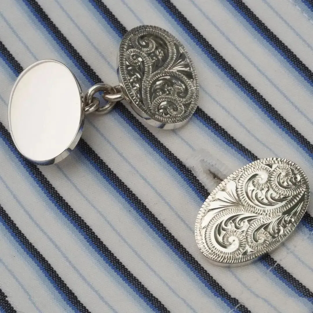 Hand Engraved Scroll Design Luxury Oval Silver Cufflinks