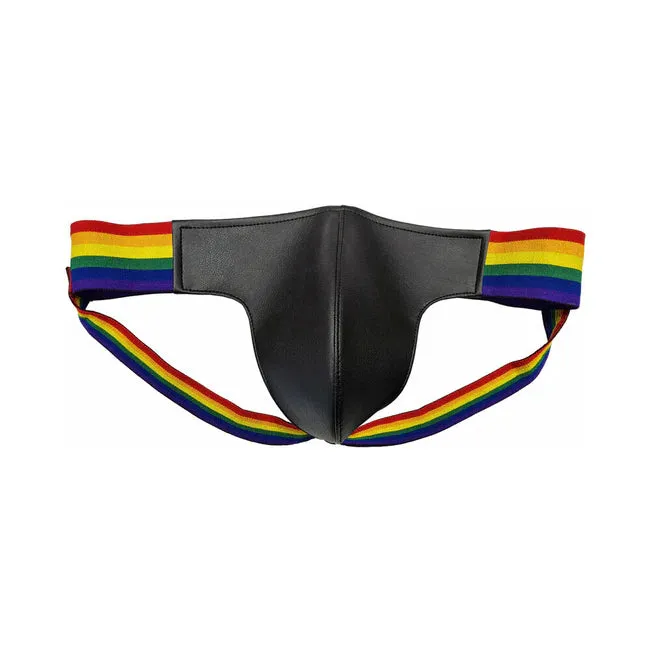 Leather Jock Strap with Multi-Colored Pride Stripe- X Large